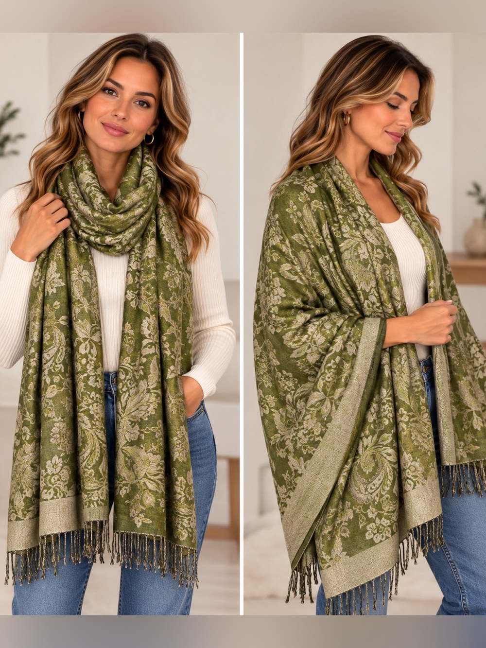 Green Floral Jacquard Pashmina Scarf